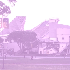 The Cesar Chavez building on campus with a purple filter over it.